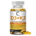 Vitamiin D3 K2 täiendus vitamiin D3 5000 IU, 200 mcg Vitamiin K2 MK-7 ja looduslik kookosõli, taimepõhine 2-1 valem luu, hambad, lihased ja immuunsüsteemi tervise tugi, 120 Softgel kapslid