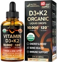 Vitamiin D3 K2 USDA Orgaanilised tilgad - Vitamiin D3 10000 IU & K2 kui MK-7 120mcg - Immuunsuse ja meeleolu tugi, luud ja hambad Tervis - Suhkruvaba oranž maitse - Vedel täiendus - valmistatud USAs - 2 FL OZ, 60 päeva