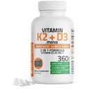 Bronsoni vitamiin K2 (MK7) koos D3-ga Väiksem annus 45 mg K2-vitamiini ja 1000 RÜ D3-vitamiini Lihtne neelata igapäevast hooldust 2 in 1 valem Mitte-GMO, 360 Mini tabletti