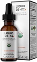 Kodeiin Vedel D3+K2 Vitamiinid USDA Orgaaniline - Vitamiin D3 2000 RÜ, Vitamiin K2 (MK4 & MK7) Vedelad tilgad - Immuunsüsteemi tugi - Maitsestamata - Orgaaniline MCT Nafta - GMO-vaba - 1 fl oz