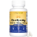 UBIOSKA vitamiin D3 K2 Magneesiumilisand – 5000 IU D3 + MK-7 K2 koos 8-formse magneesiumiga (glütsinaat, tauraat, malaat) rahuliku une, stressi leevendamise, meeleolu tasakaalu ja tugevate luude jaoks – 60 kapslit