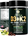 PÕHIELEMENDID D3 K2 Vitamiin 10 000 RÜ magneesiumglütsinaadiga 350mg, tsink ja moringa - luu ja immuunsuse tugi - D-vitamiin K2 MK-7 200mcg - GMO-ga mitteseotud, gluteenivabad softgelid