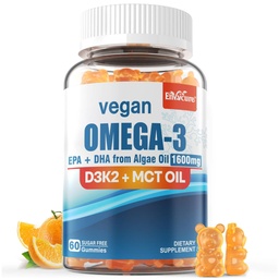 Vegan Omega 3 Gummies 1280mg + Vitamiin D3 K2 (MK7), Omega 3 Kalaõli Alternatiivne täiskasvanutele, w / vetikad EPA 600mg & DHA 400mg, MCT õli - ei kala maitse - aju, silma, immuunsuse tervise, suhkruvaba, 1 pakend