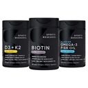 Sport Research® Tervislik juuksepakend - Biotiin 5000mcg orgaanilise kookosõli + Vegan Vitamiin D 5000iu & Mk7 Vitamiin K 100mcg + Omega-3 Kalaõli 1250