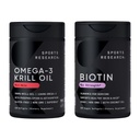 Sport Research® Glow and Flow Pack - Omega-3 Krill Oil 500mg - Puhas Antarktika Superba Krill koos fosfolipiidide, koliin & astaksantiin & Biotin 10 000mcg orgaanilise kookosõli (vitamiin B7)