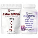 Mikrokoostisosad Astaksantiin 12mg Softgels & Resveratrol NAD Supplements 3,000mg Veggie kapslid | 2 Pack Bundle | Fresh Microalgae Allikas | 11-in-1 Antioksüdant Segu Quercetin & Berberine