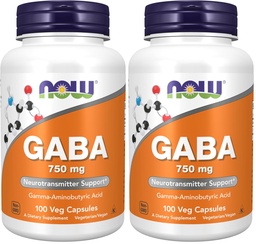 NOW Foods Supplements,GABA (gamma-aminovõihape) 750mg,Neurotransmitteri tugi *,100 Veg kapslit,(2. pakend)