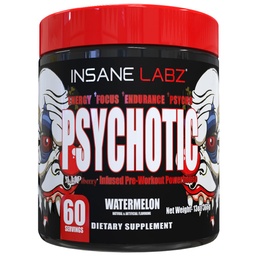 Insane Labz Psychotic, High Stimulant Pre Workout Pulder, Extreme Last Energy, Fookus ja vastupidavus beeta-alaniin, kreatiini monohüdraat, DMAE, 60 Srvgs, Arbuus