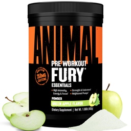 Animal Fury Pre Workout Pulber - Roheline Õun, 350mg Kofeiin, BCAA Aminohapped, 2g Beeta-alaniin, tsitrulliin ja türosiin, energia, fookus, tugevus, vastupidavus, ettevalmistus meestele ja naistele, 30 Servings