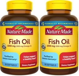Nature Made Fish Oil Omega 3 toidulisandeid, 1000 mg Softgels, Omega 3 kalaõli tervisliku südame toetamiseks, 90 Softgels, 45 päeva pakkumine (pakk 2)