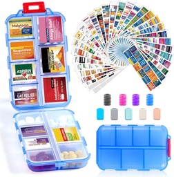 14 Grids Travel Pill Korraldaja Karp 415-Pcs Ravimi nimesildid - Tasku Daily Pharmacy Case Container Kit - Reisiravimite hoidja Fish Oil Vitamin Supplement Storage - Selge sinine