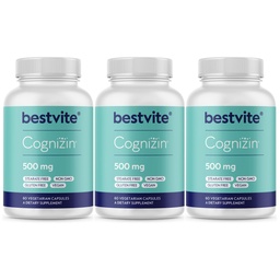 BESTVITE Cognizin Citicoline 500mg (180 taimetoitlased kapslid) (60x3) - kliiniliselt uuritud Premium Koliin Nootroopne - Ei Stearates - Vegan - Gluteenivaba - Aju toidulisandid mälu ja fookus