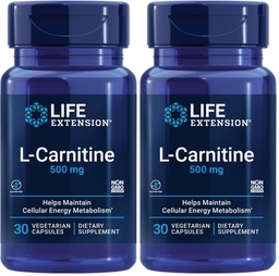 Life Extension L-Carnitine – 500 mg, Energy & Memory Supplement – Free Form Amino Acid, Nitric Oxide Support, Healthy Blood Pressure | Gluten-Free, Non-GMO, Vegetarian | 30 Capsules (Pack of 2)