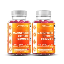 Vitamatic Magnesium Citrate Gummies 600mg per Serving - 60 Count - soodustab tervislikku lõõgastust, lihaste, luude ja energia toetust (pakk 2)