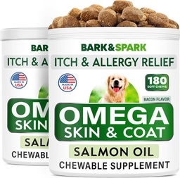 BARK & SPARK Omega 3 koertele - 360 kalaõli ravib koerte langemist, nahaallergiat, sütiku leevendust, kuumade kohtade ravi - liigeste tervis - naha- ja karvalisand - EPA & DHA rasvhapped - lõheõli - peekon