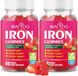 2 Pack Vegan Raudkummid täiskasvanutele ja lastele - vitamiin C, A, B-kompleks, folaat, tsink ja biotiin - vere ehitamiseks ja energia toetamiseks, 120 Gummies