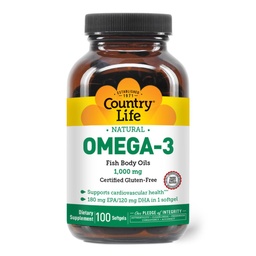 Country Life Omega-3 Fish Oil Supplement, 1000mg, 180mg EPA & 120mg DHA, Fish Oil Concentrate, Burpless, 100 Softgels, Certified Gluten Free