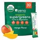 Zena Nutrition Organic Super Greens Pulber, 70+ Superfoods, 0 Suhkur, 3G Fiber, Spirulina, Chlorella, Seened, Prebiootikumid / Probiootikumid, seedetrakti ensüümid soolestiku tervisele, Mango, 30 joogisegu pakendid