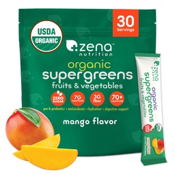 Zena Nutrition Organic Super Greens Pulber, 70+ Superfoods, 0 Suhkur, 3G Fiber, Spirulina, Chlorella, Seened, Prebiootikumid / Probiootikumid, seedetrakti ensüümid soolestiku tervisele, Mango, 30 joogisegu pakendid