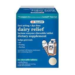 A+Health Dairy Relief Lactase Enzyme 9000 FCC Chewable Tablets, 60 Count, Fast Acting, Dye-Free, Dietary Supplement, Vanilla Flavor, Single Serve Pouches, for Adults and Children 4 Years and Up
