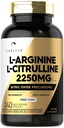 Carlyle L-arginiin L- tsitrulliini täiendus | 2250mg | 240 pulbrikapslid | lämmastikoksiidi lähteained | Vaba vorm | Mitte-GMO & Gluteenivaba