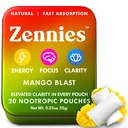 Zennies Kofeiin Nootroopsed kotid Alpha GPC, L-türosiin & L-Theanine, Lion's Mane, Cordyceps, Reishi - Nicotine Free, Nootropic Energy Pouches, Mango Blast 1 PK