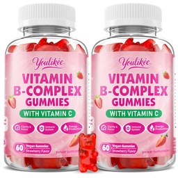 2 Pakendage B-vitamiini komplekskummid naistele ja meestele, Metüül B12, B1, B2, B3, B5, B6, B7 ja B9 - B-vitamiini kompleks C-vitamiiniga toetab energia ja immuunfunktsiooni, maasikamaitse, 120 krahv