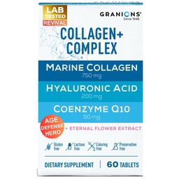Mere kollageeni pillide kompleks - 200 mg hüaluroonhappe lisand, koensüüm Q10 CoQ10, hüdrolüüsitud mere kollageenpeptiidid, igavene lillede hüdraat, vanusekaitselisandid - 60 suletud tabletti