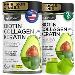 Biotiin ja kollageen peptiidkummid juuste kasvuks, nahk ja küüned 120 tk (2 Pack) - 82000 Mcg - biotiin närimistables koos Keratin Max Strength - Ilukummies naistele ja meestele - suhkruvaba, mitte-GMO
