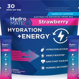 HüdroMATE Elektrolüüdid Pulber Joogisegu Pakendid Hüdratsioon Kiirendus Madal suhkur Kiire partei Abistamine C-vitamiin Plus Kofeiin Maasikas 30 Count