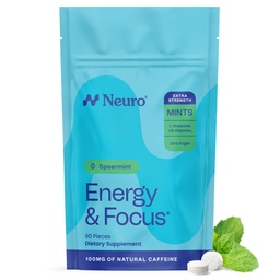 Neuro Energy & Focus Mints, Extra Strength - Sugar Free Breath Mints with 100mg Natural Caffeine, B Vitamins & L-Theanine - Vegan Brain Supplement for Exercise, Study & Daily Focus - Spearmint, 90 ct