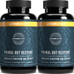 Primal Harvest 2 Pack, Restore for Gut Health, Primal Gut Restore w / POSTbiootikumid, Prebiootikumid ja PRObiootikumid naistele ja meestele, 60 CT - seedimine, Colon Cleanse, Aitab Lekkeline soolestiku parandamine