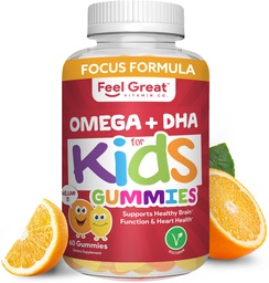 Feel Great Vitamin Co. Täielik DHA-kummid lastele | Omega 3 6 9 + DHA, C-vitamiin | Toetab tervislikku ajufunktsiooni, visiooni ja südame tervist | Gluteenivaba, taimetoitlane | 60 Gummies