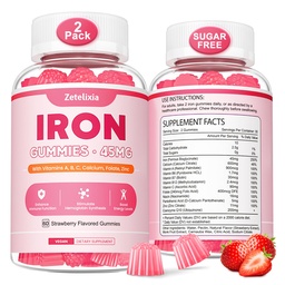 Vegan 2 Pack Raualisandi Gummies naistele ja meestele, aneemia, vereehitaja ja energia toetus rauapuudusele, C-vitamiini, A, B kompleksi, folaadi, CoQ10, suhkruvaba, mitte-GMO, 120 loend