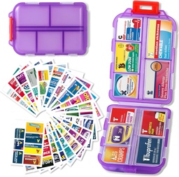 Pill Korraldaja koos ravimitega Sildid Reisi igapäevane pillide konteiner Mini Ravimite Korraldaja Ladustamine Pill Korraldaja Travel Essentials Pill Case 7 Day (Purple & 161 Lables)