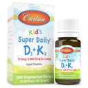 Carlson - Kid's Super Daily D3 + K2, 25 mcg (1 000 RÜ) D3 & 22,5 mcg K2, D-vitamiini tilgad K2-vitamiiniga, vedelad vitamiinid, 1000 RÜ D3-vitamiini, südame ja luu tervis, 1-aastane pakkumine, maitsestamata, 360 tilka