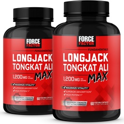 Jõufaktor Longjack Tongkat Ali Max, Tongkat Ali meestele, meeste vastupidavusele ja elujõule täiendus, mis on valmistatud peamiste looduslike koostisosadega parema imendumise jaoks, 1200mg, 120 kapslit, 2-pakk