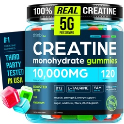 Thinbi Creatine Gummies Monohydrate Complex for Men & Women -120 Gummies Advanced Formula W/L-Taurine + Vitamin B12 for Muscle Strength, Muscle Builder, Energy Boost, Pre-Workout Supplement