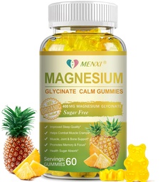 Magneesiumglütsinaatkummid 400 mg, suhkruvaba magneesiumtauraat, malaatlisand D-vitamiiniga, B6, CoQ10 lõõgastumiseks, stressi leevendamiseks, lihaste, luude ja une toetamiseks - 60 ananassikummid