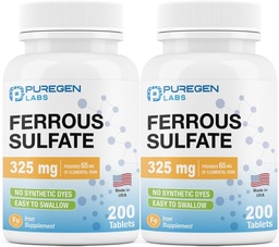 Puregen Labs Raudsulfaat 325 mg (65 mg elementaarne raud) Suure tugevusega raualisand | Kunstlikud värvilisandid puuduvad - Kokku 400 tabletti valmistatud USAs