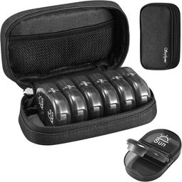 Serfeymi Weekly Travel Pill Korraldaja 2 korda päevas PM Täiustatud Black Pill Box 7 päeva kaasaskantav Zipper Canvas Pill Case, meditsiin Korraldaja pillid, vitamiinid, toidulisandid, kalaõlid - Black 01