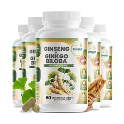 GreeNatr Ginko Biloba & Panax Ginseng täiendus - punane ženšenn mälu ja fookuse jaoks - Ginkgo Biloba hea nägemise, immuunsüsteemi ja parema verevoolu jaoks (360 tabletti: 6 pudelit)
