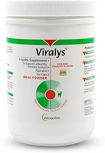 Vetokinool Viralys Daily L-Lysine Pulber kassidele ja kassipoegadele, kalamaitseline lüsiinilisa kassidele ja kassipoegadele, et toetada immuunsüsteemi tervist, normaalset silmafunktsiooni ja hingamisteede tervist, 600gm