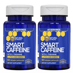 NATURAL STACKS Smart Caffeine Pills - 100mg Caffeine + 200mg L-Theanine Supplement - Supports Energy and Focus - No Jitters and No Crash - 60 Capsules (Pack of 2)