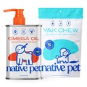 Native Pet Omega Oil for Dogs - Fish Oil Supplements 8 Oz & 5 Small Yak Chews for Dogs | Karjakasvatuse ja orgaanilise Yak Juust Himalayan Churpi Sticks