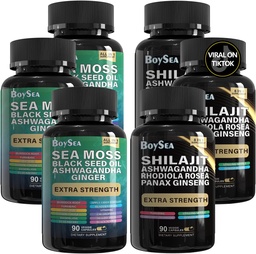 Boysea. Shilajit and Sea Moss Bundle- 90 Count - Sea Moss, Black Seed Oil, Ashwagandha, Ginger & Shilajit, Rhodiola Rosea, Kõik 1 täiendused (3 Pc)