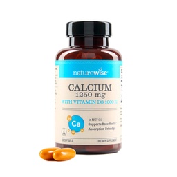 NatureWise High-Purity, All-Natural Calcium 1250mg + Vitamiin D3 1000IU + Orgaaniline MCT kookosõli - Rasedus Ohutu + Non-GMO - imendumine Sõbralik, Gluteenivaba - 60 Softgels [30-päevane pakkumine]