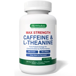 Max Strength Caffeine L Theanine Pills (200mg/500mg) - No Jitters Peak Energy, Focus, Performance, Alertness - Caffeine Pills & L-Theanine Capsules, No Crash & Drowsiness, Potent Supplement, 120 Count