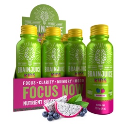 BrainJuice Kids Brain & Immune Support Shot, Gluteenivabad toidulisandi kaadrid energia, fookuse, immuunsuse D-vitamiini, C, B, Alpha GPC ja orgaanilise ingveri juurega, vanuses 5+, Dragon Berry, 2,5 fl oz, 12 Pack