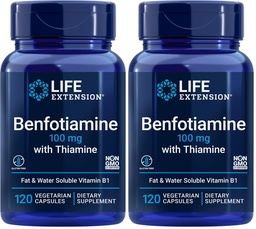 Life Extension Benfotiamine with Thiamine,Healthy Blood Sugar Metabolism Support,100 mg benfotiamine,Cardiovascular Health,Brain Health,Non-GMO,Gluten-Free,120 Vegetarian Capsules,(Pack of 2)